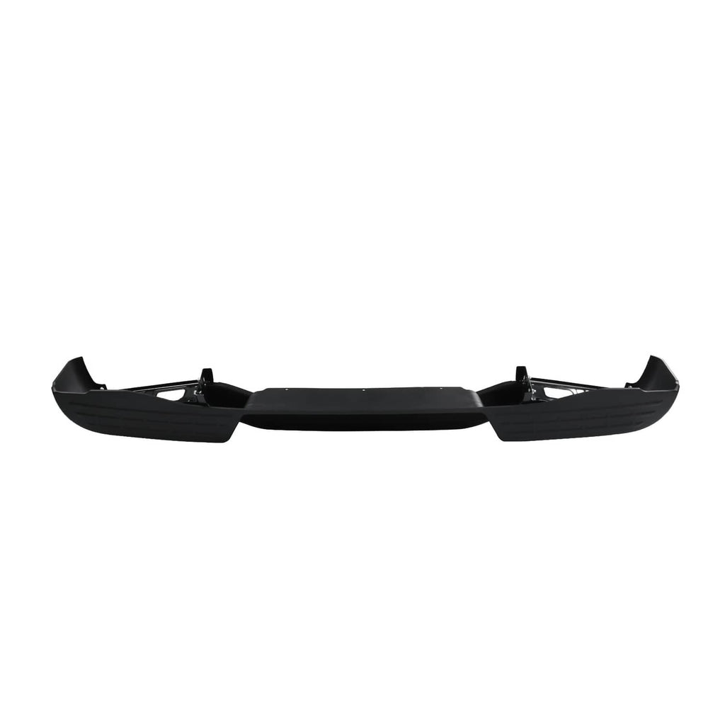 Black rear step bumper assembly, straight-on view with center profile and end supports