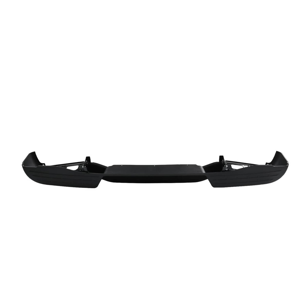 Black rear step bumper assembly, straight-on view with center profile and end supports