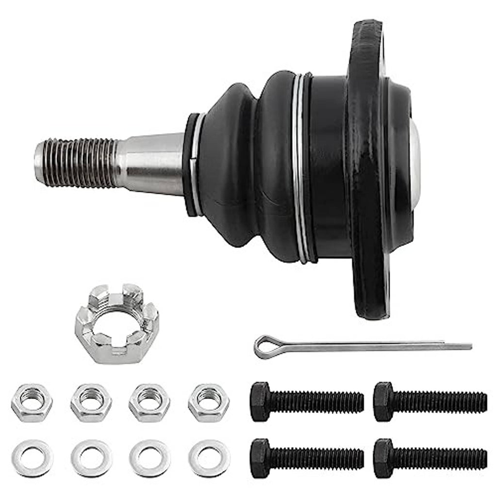 Front upper ball joint with silver threaded shaft, black boot, hex nut, and bolts.