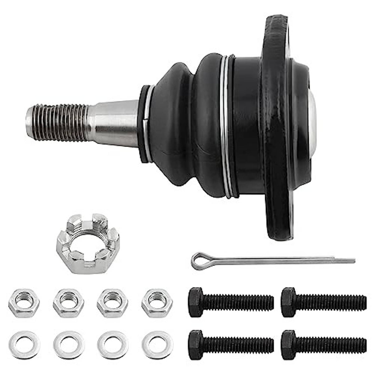 Front upper ball joint with silver threaded shaft, black boot, hex nut, and bolts.