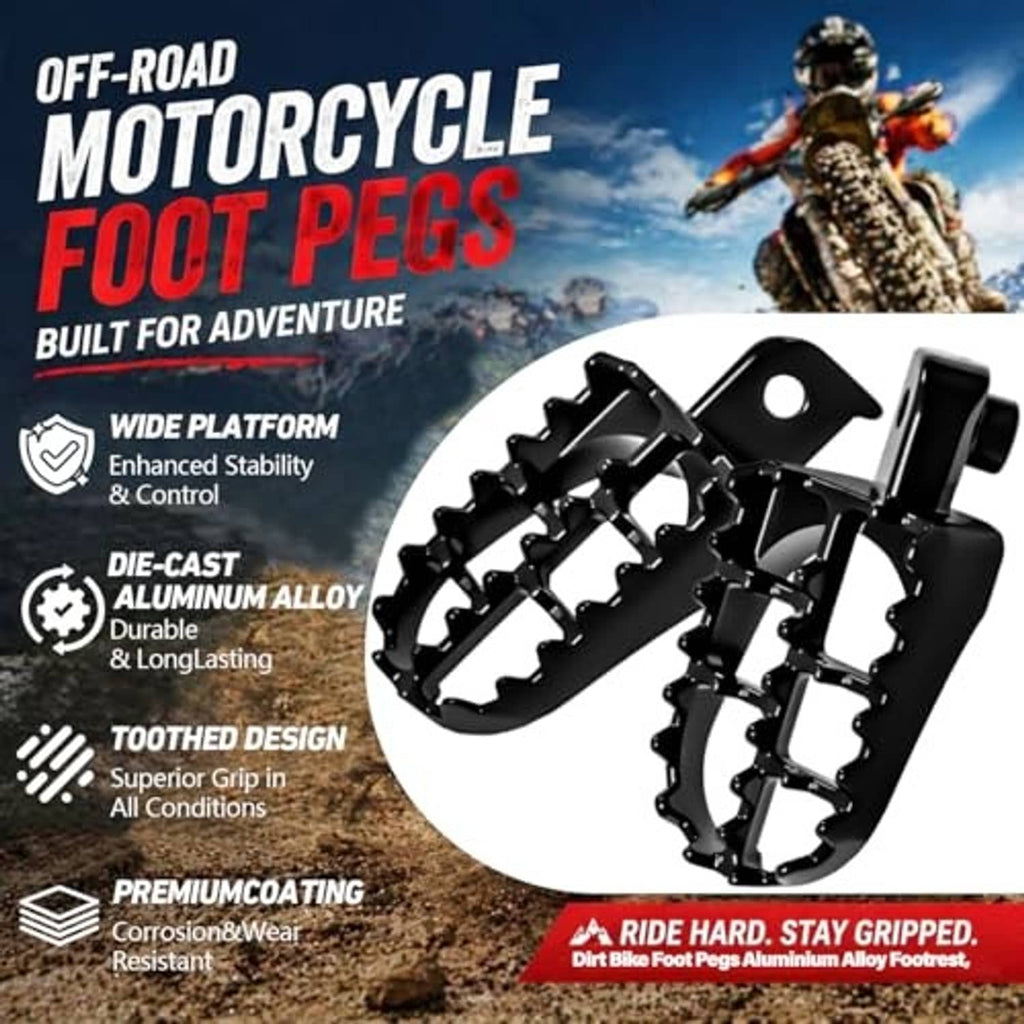 Black motorcycle dirt bike foot pegs with wide platform and anti-slip teeth