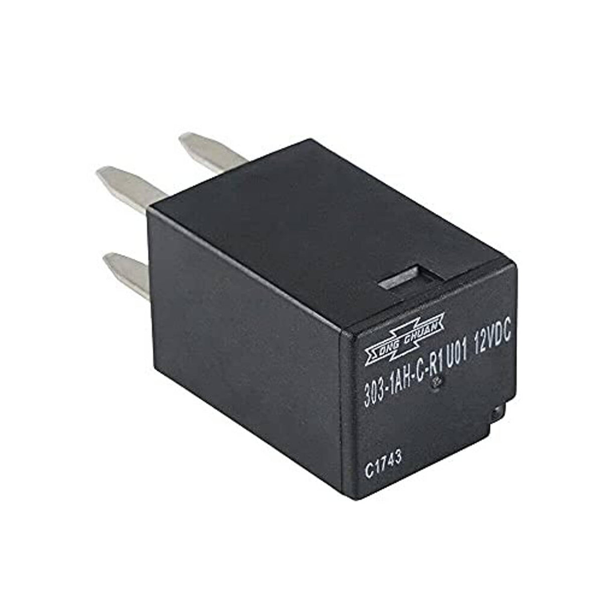Black cooling fan relay cube with slotted top and side label, showing two metal mounting pins.
