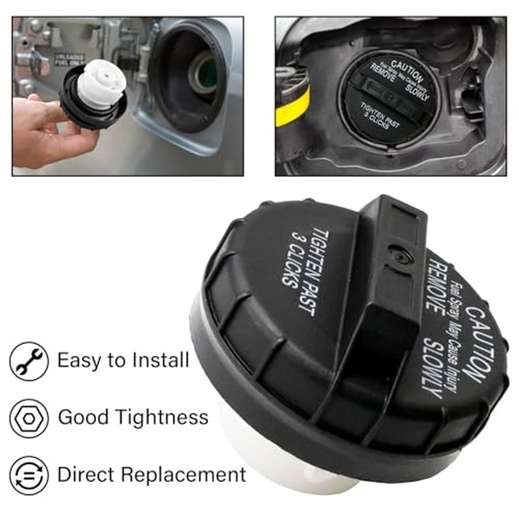 Fuel gas cap shown with “Easy to Install” and “Direct Replacement” icons, black round design