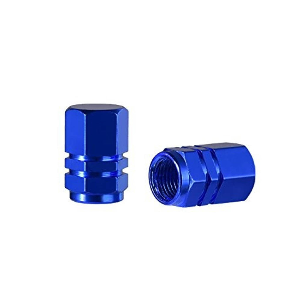 Blue hex aluminum tire valve stem caps, side-by-side close view