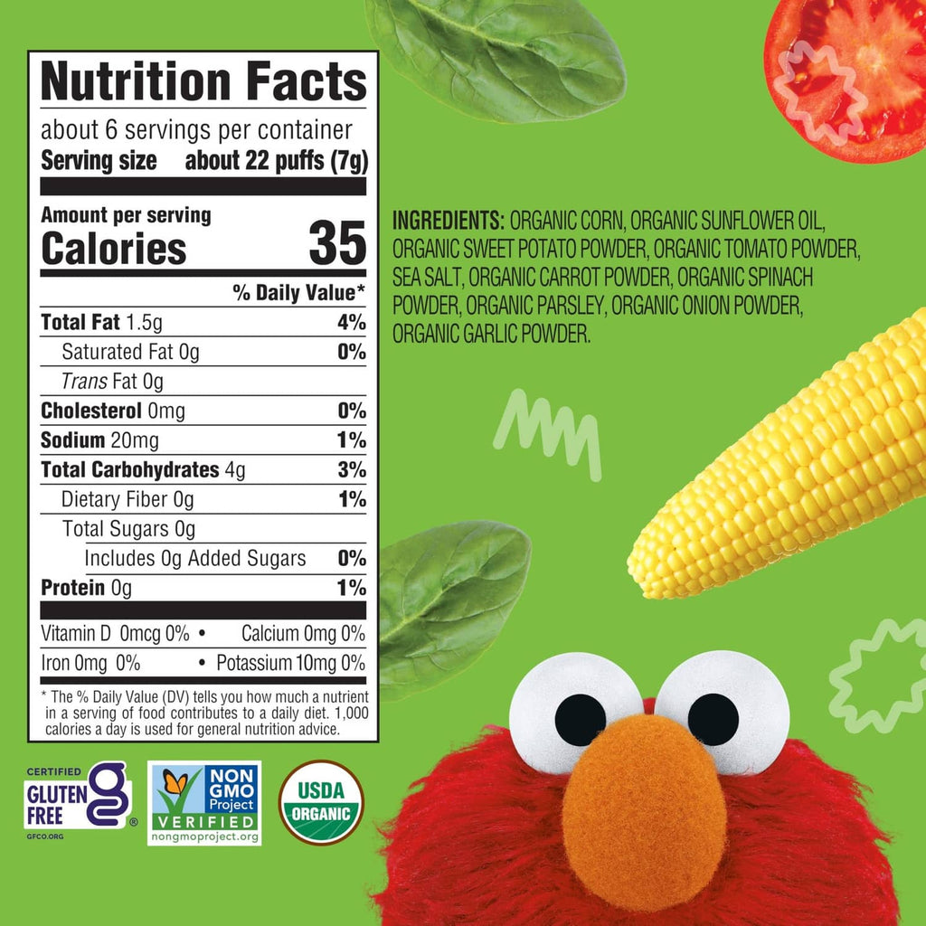 Organic veggie puffs Nutrition Facts label with ingredients and serving size