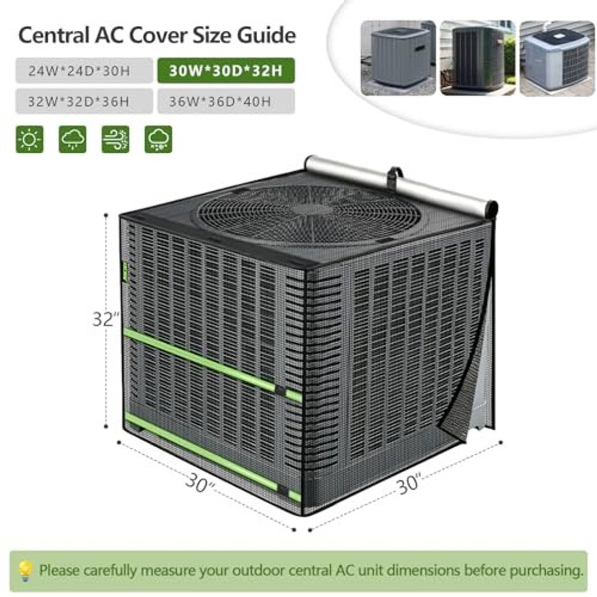Black mesh AC cover on size guide with green stripe and roll-up top