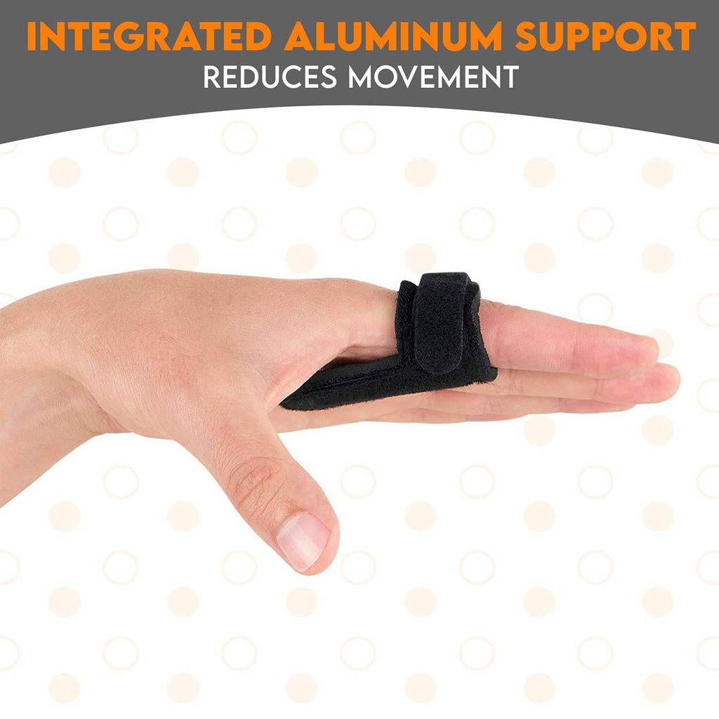 Black finger splint brace worn across the index finger for support.