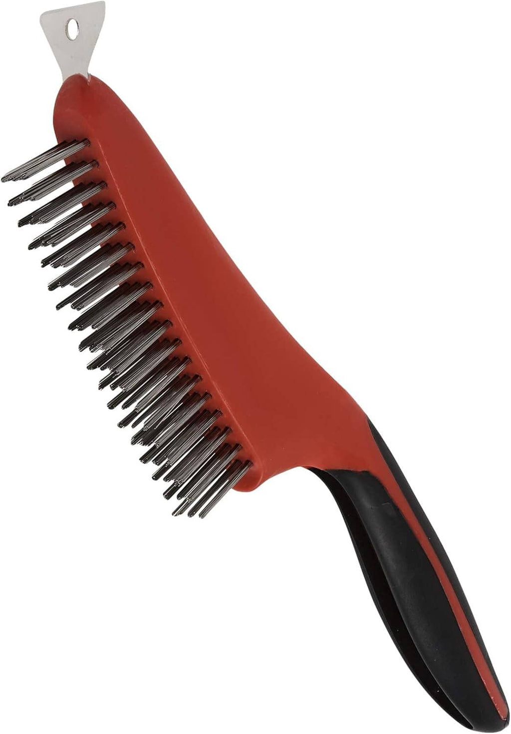 Red stainless steel wire brush with scraper blade and black soft-grip handle