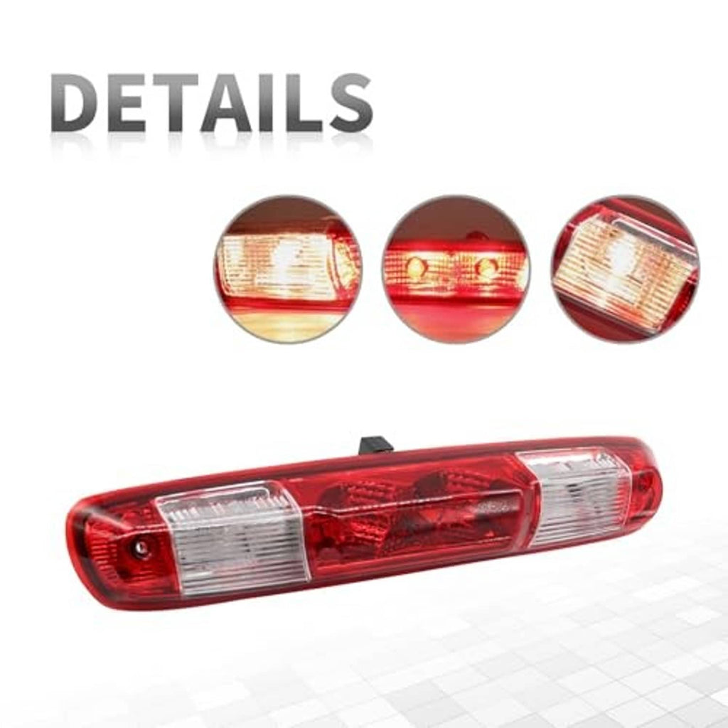 Red third brake light with clear lens blocks and three-sided red reflector design