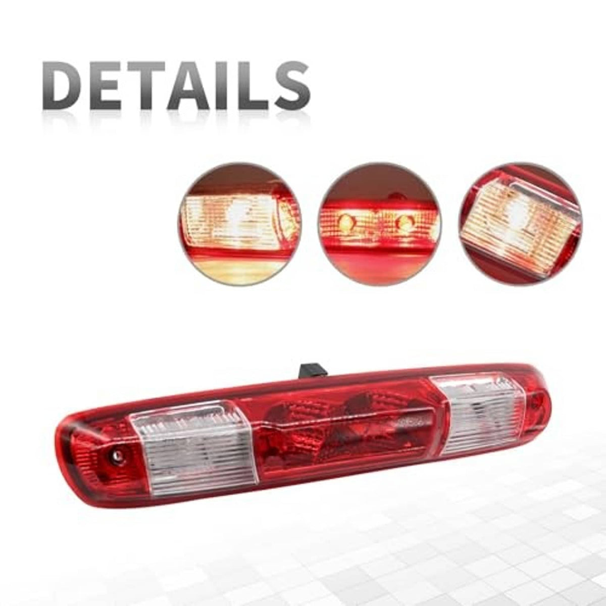 Red third brake light with clear lens blocks and three-sided red reflector design