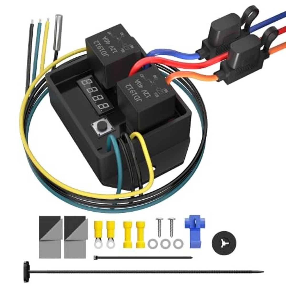 Black digital fan controller module with LED screen and plug-in fan connectors