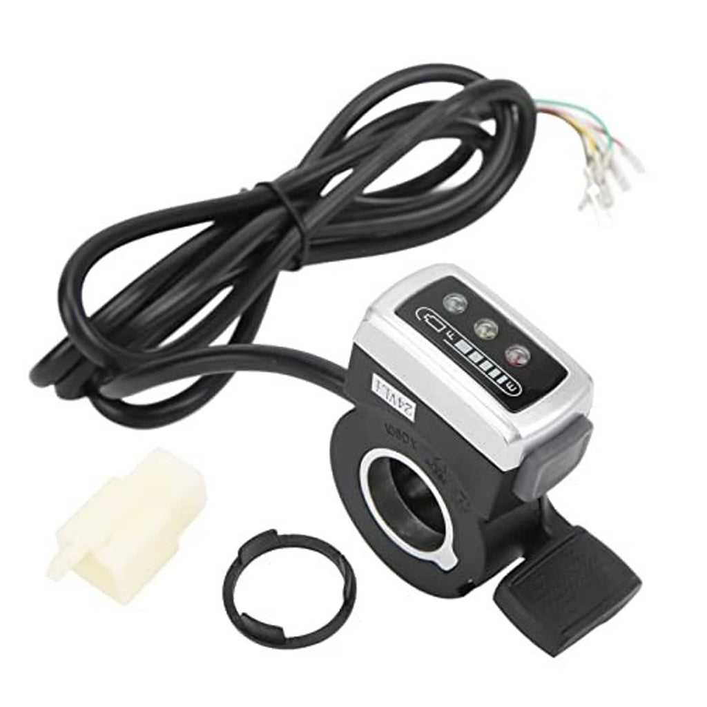 Electric thumb throttle with black wiring harness, silver controller body and switch cover