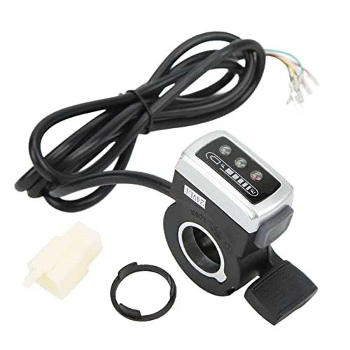 Electric thumb throttle with black wiring harness, silver controller body and switch cover