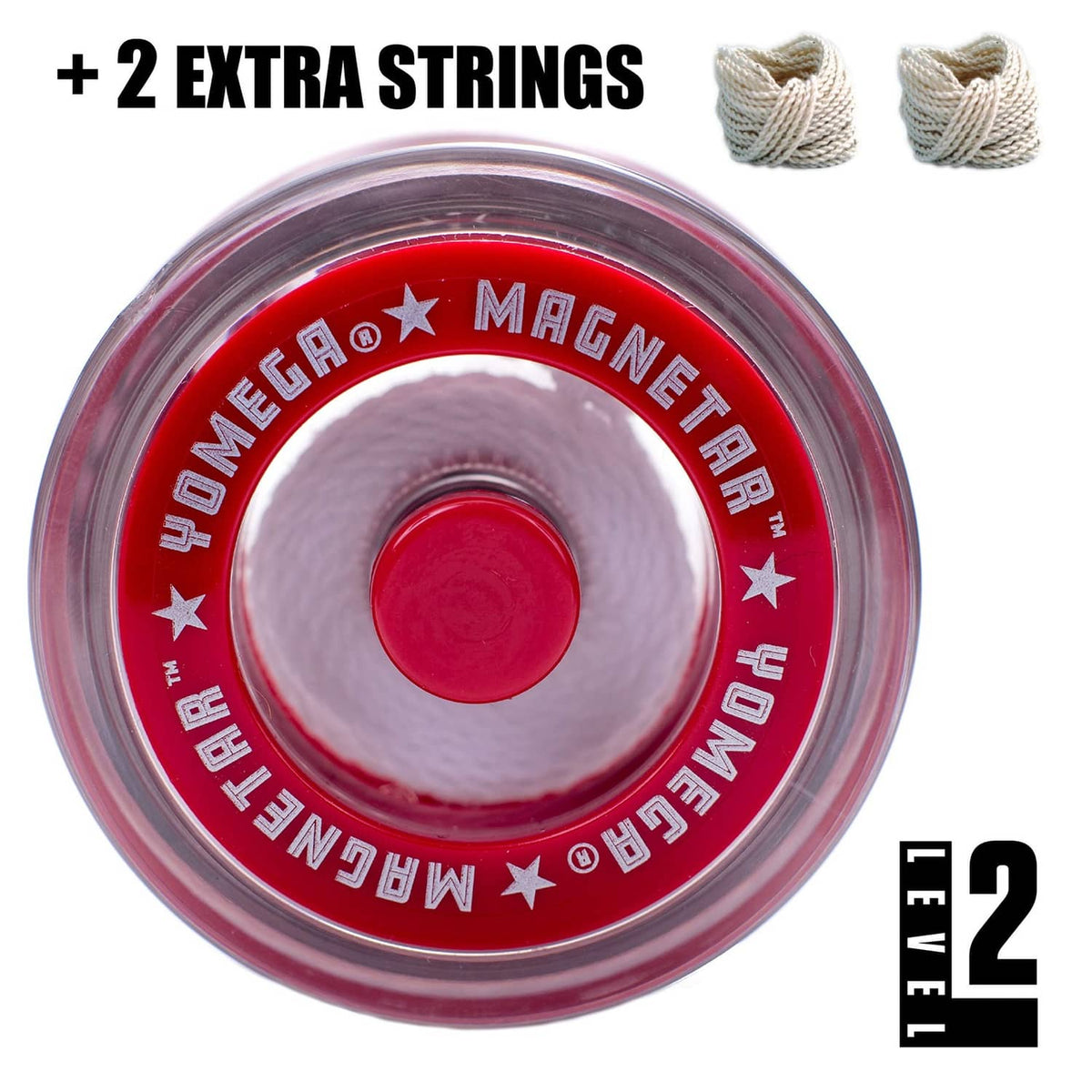 Clear red responsive yo-yo with red center and star branding, with extra strings