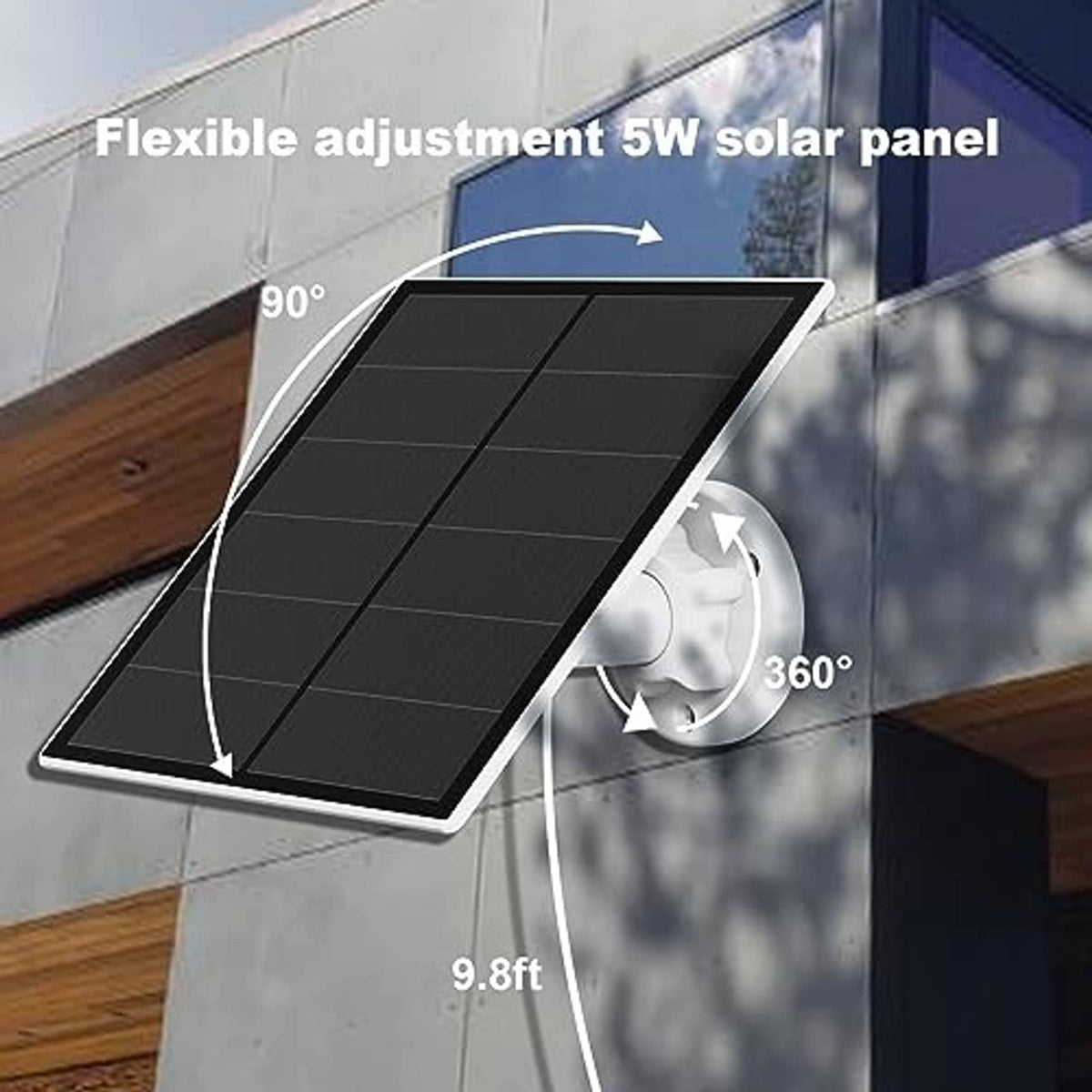 Flexible 5W solar panel with adjustable angle, dark photovoltaic surface, and wall mount