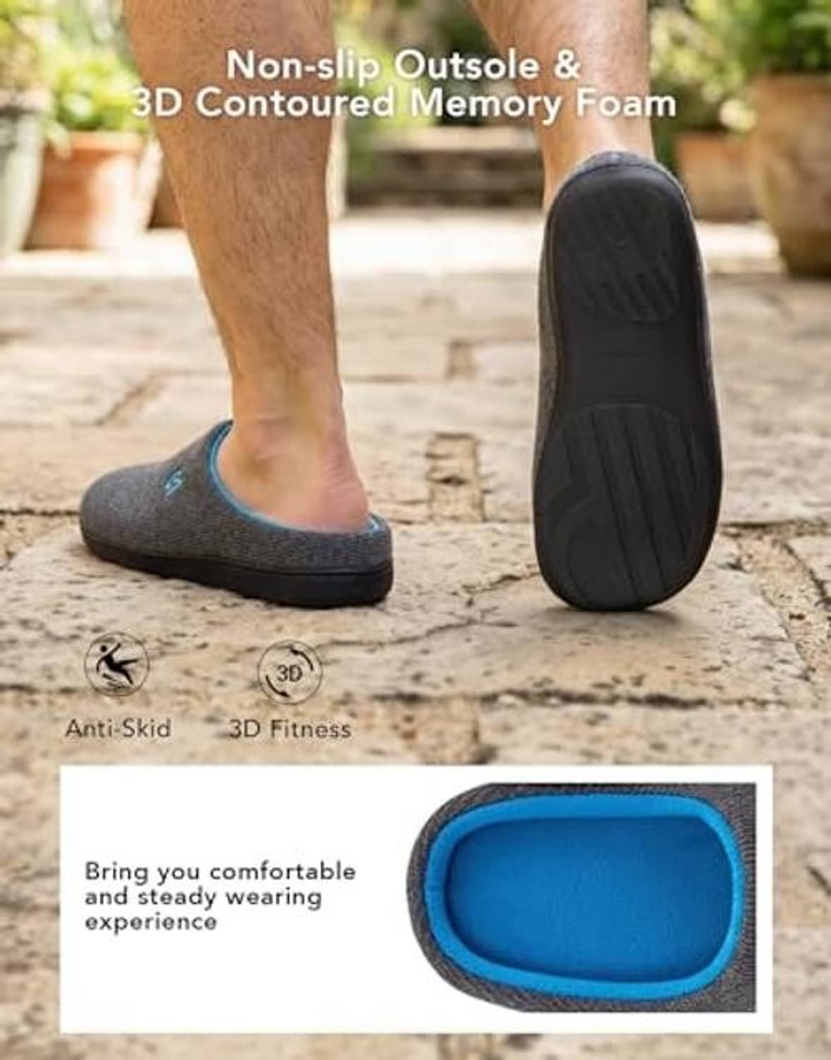 Dark gray two-tone slippers with textured non-slip sole and bright blue interior