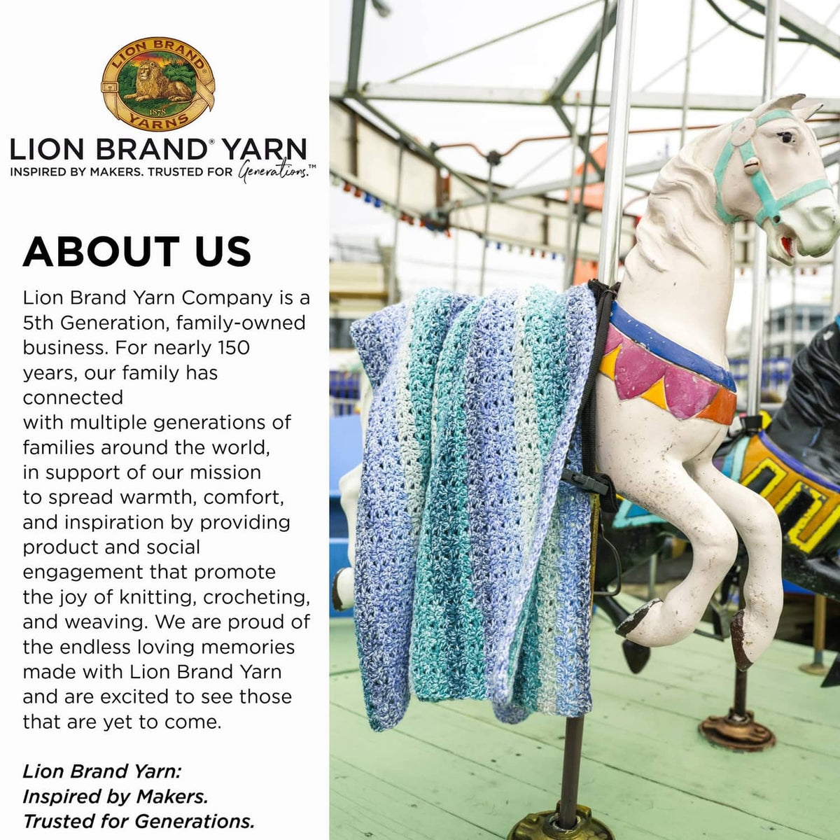 Lion Brand Yarn Mandala Ombré variegated yarn skein in blue, teal, and white
