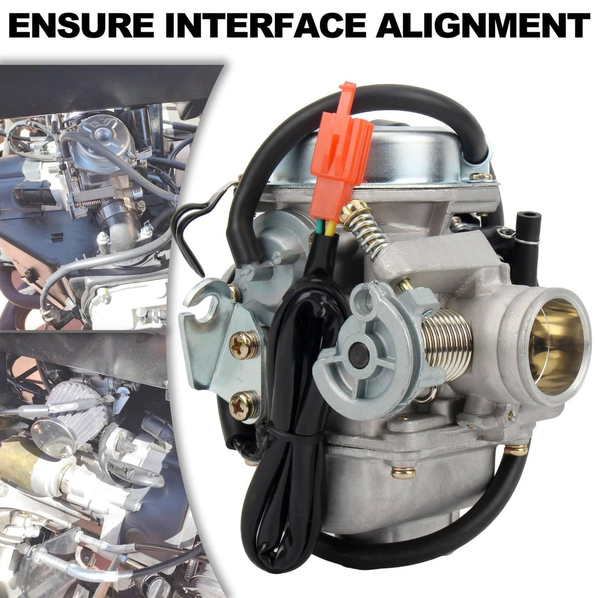 24mm carburetor with manifold and black intake hose close-up on engine