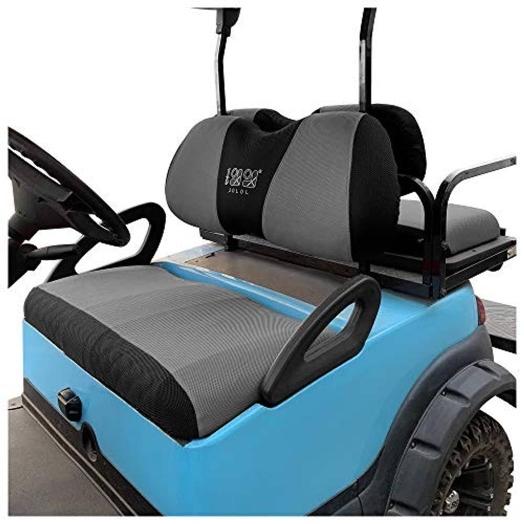 Golf cart seat cover set, grey textured cushions with black headrest pads and arm covers
