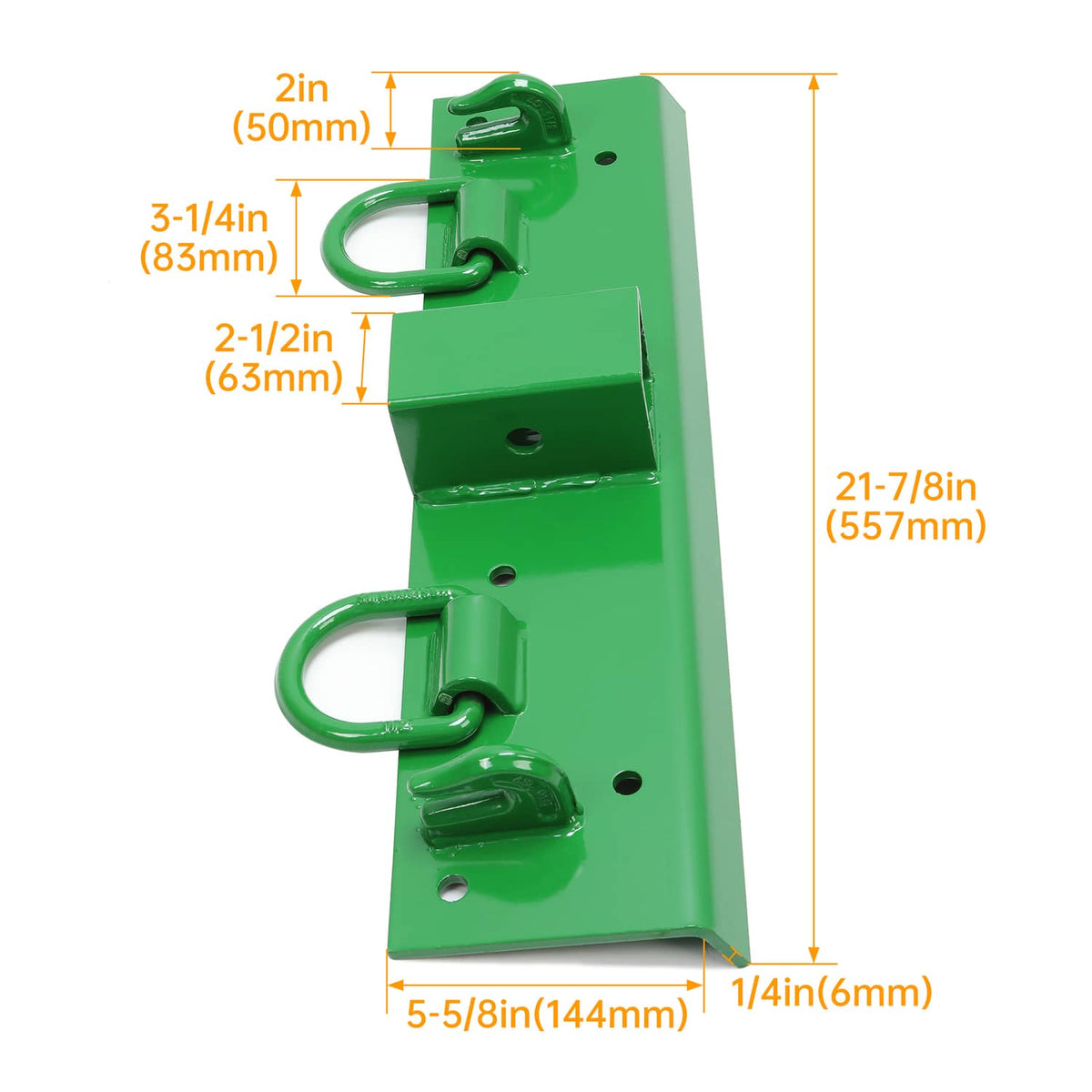Green steel grab hook bracket with two D-ring loops and mounting holes