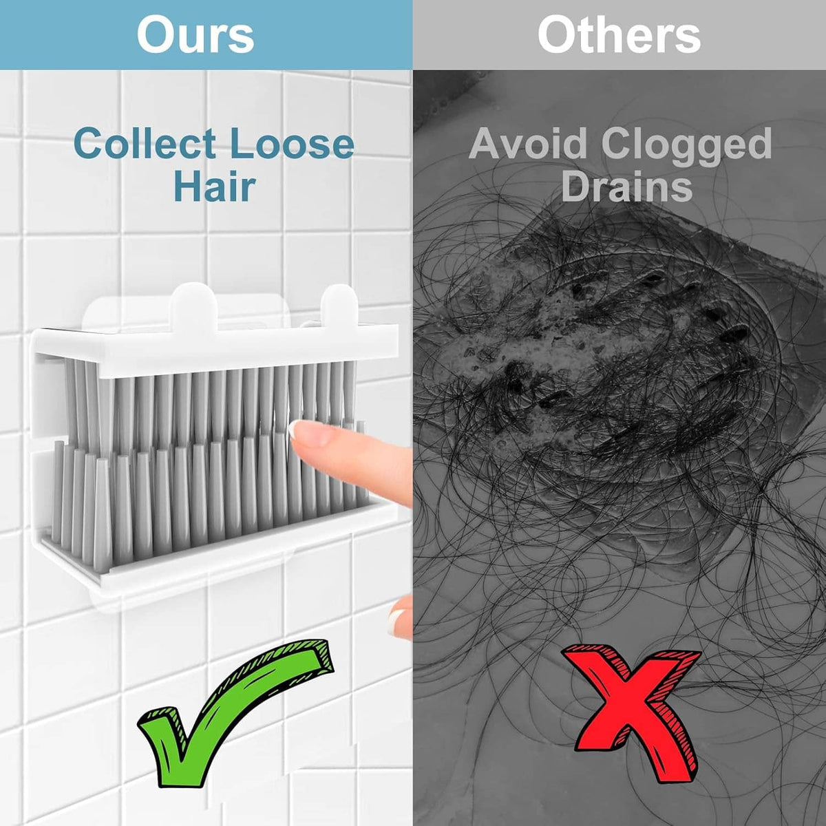 Shower wall hair catcher grid with captured dark hair, finger indicating the collector