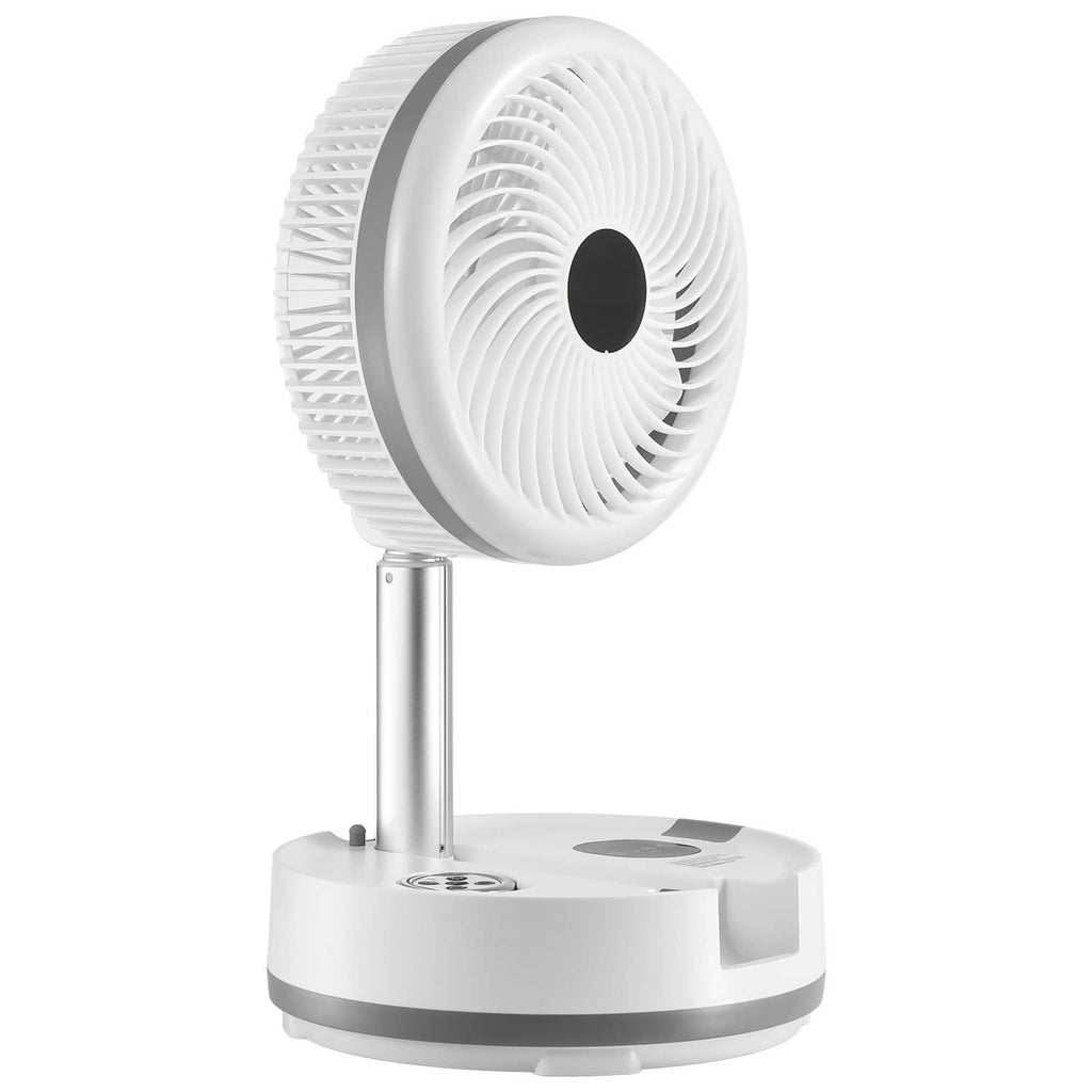 Close-up of white rechargeable oscillating fan head and standing base