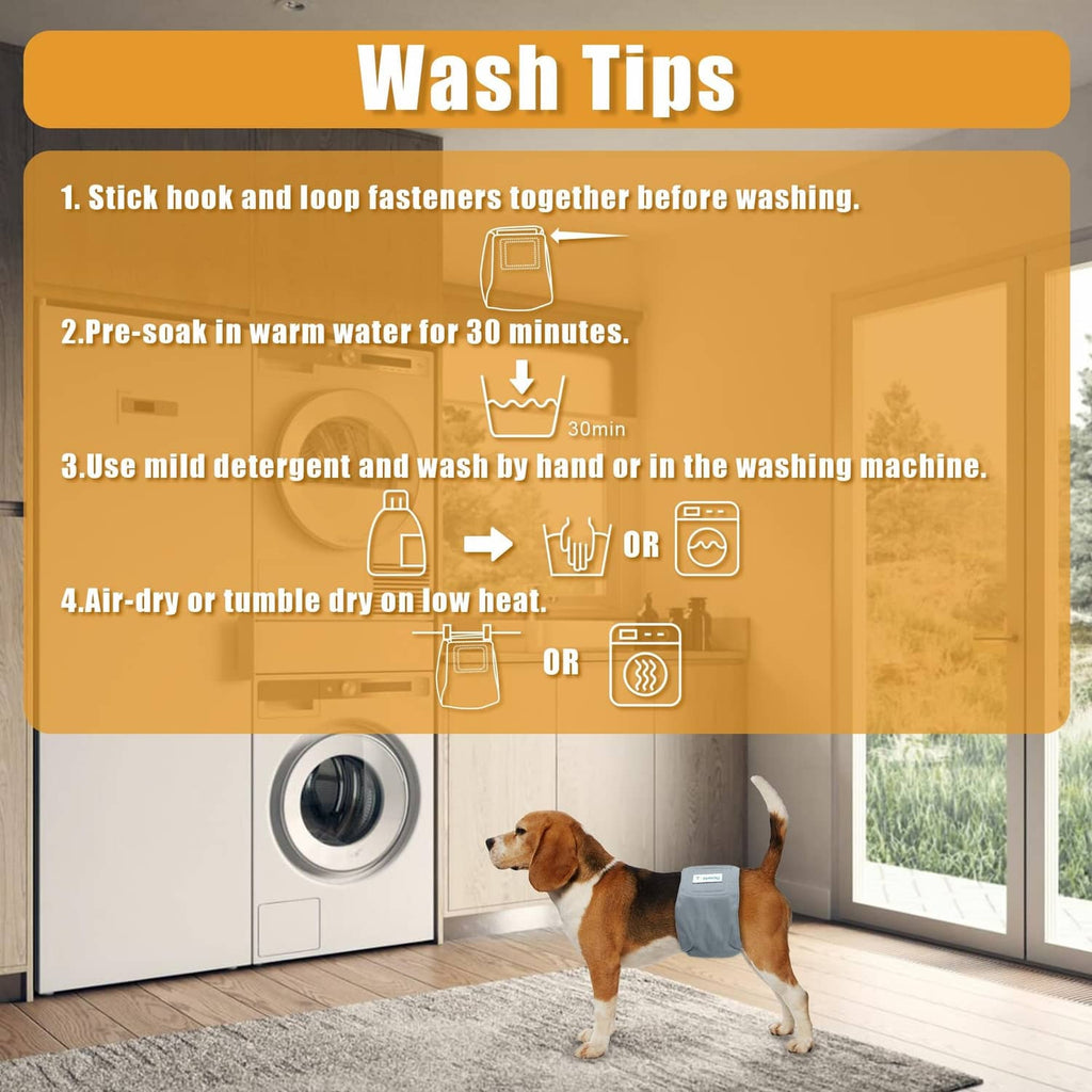 Reusable dog belly band wash tips card with pre-soak and machine-wash directions