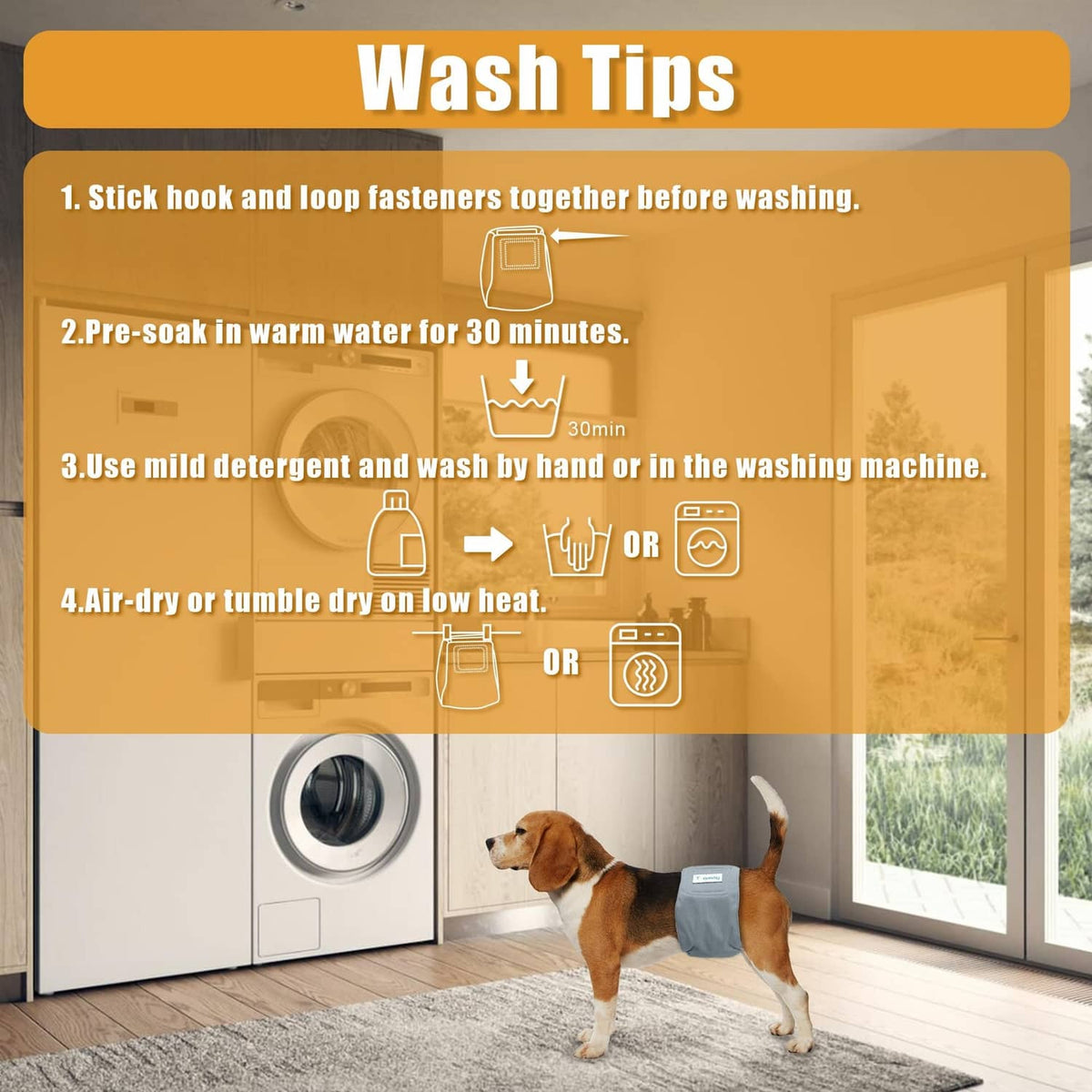 Reusable dog belly band wash tips card with pre-soak and machine-wash directions