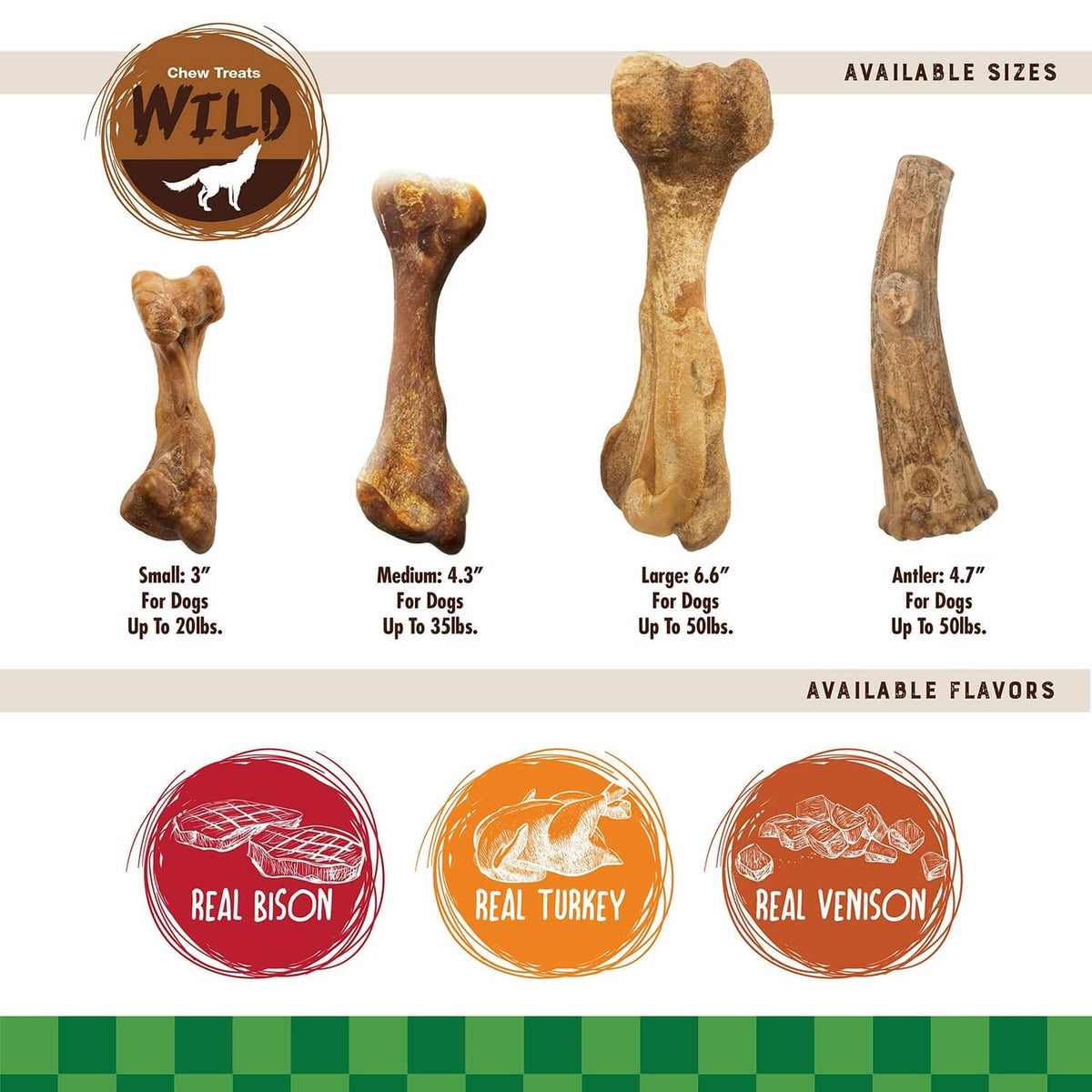 Size and flavor chart featuring Wild bison-flavored dog chew bone options