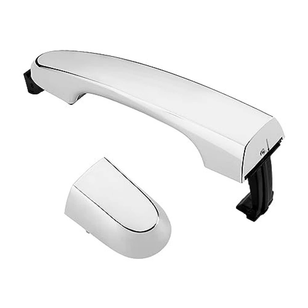 Chrome-style exterior door handle with oval lever and black base clips, front right