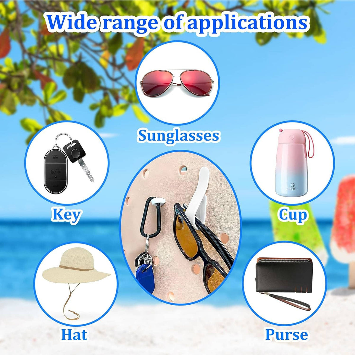 Bag hook accessory set shown for sunglasses, keys, hat, purse, and cup