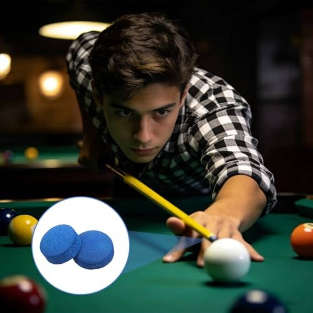 Blue billiard cue tips shown near a pool table cue ball and player