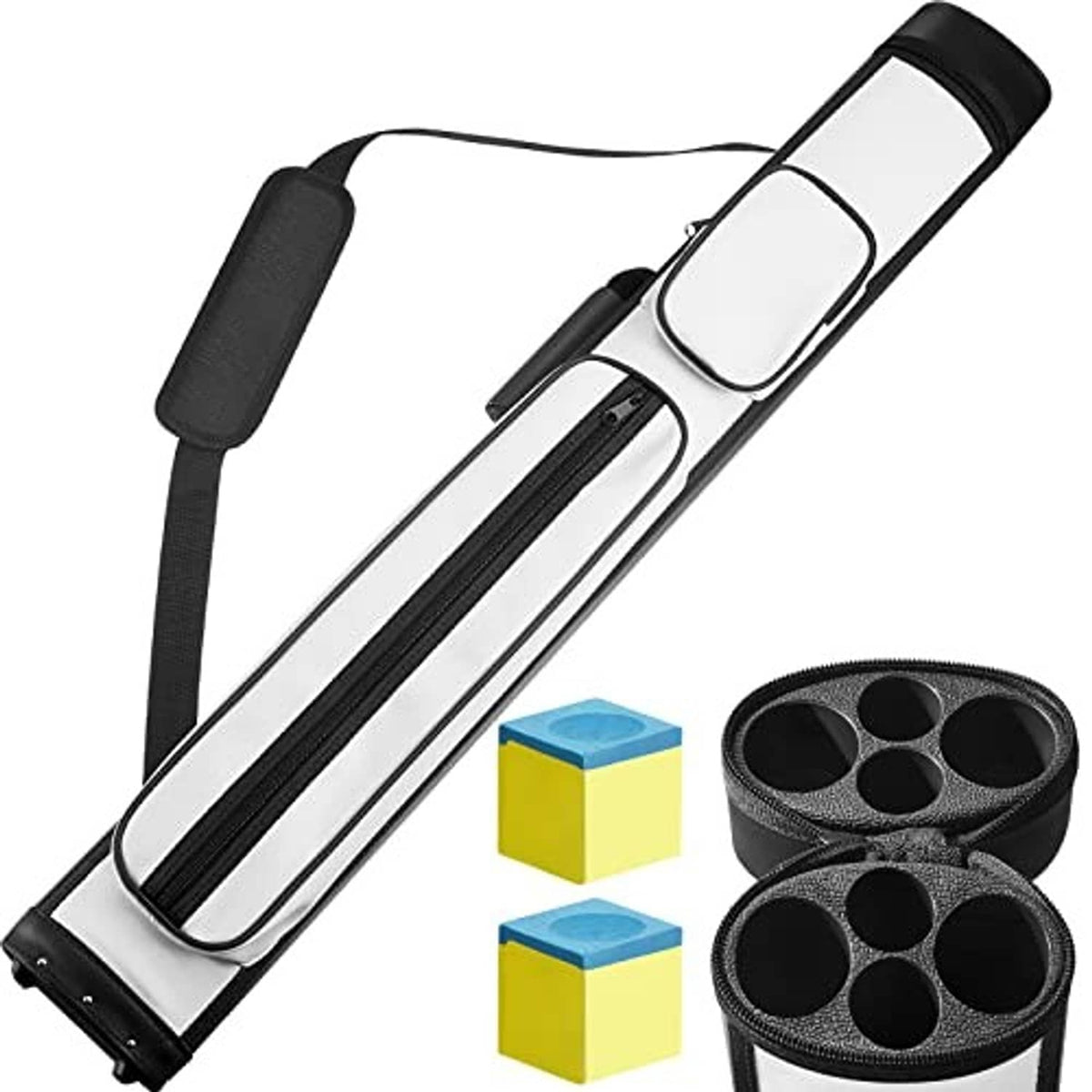 Hard oval pool cue carrying case with shoulder strap and black-and-white sleeve