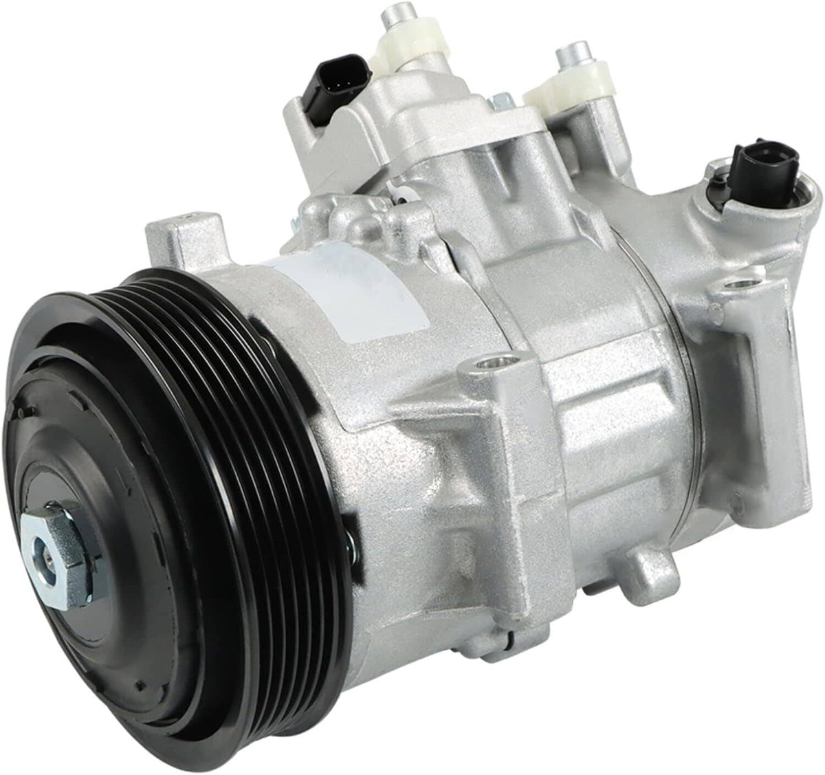 A/C air compressor with black pulley and silver body, front-left view