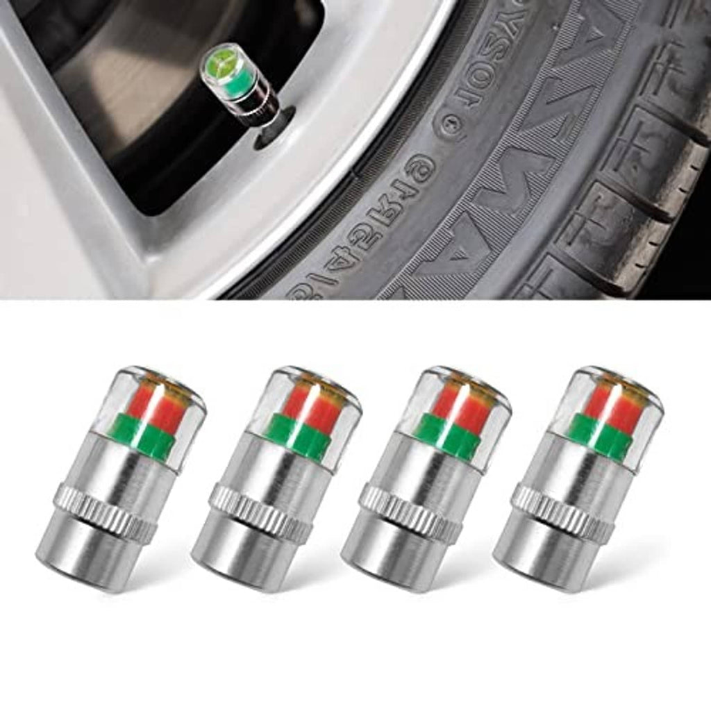 Four silver tire valve stem caps, each with clear window and red/green band