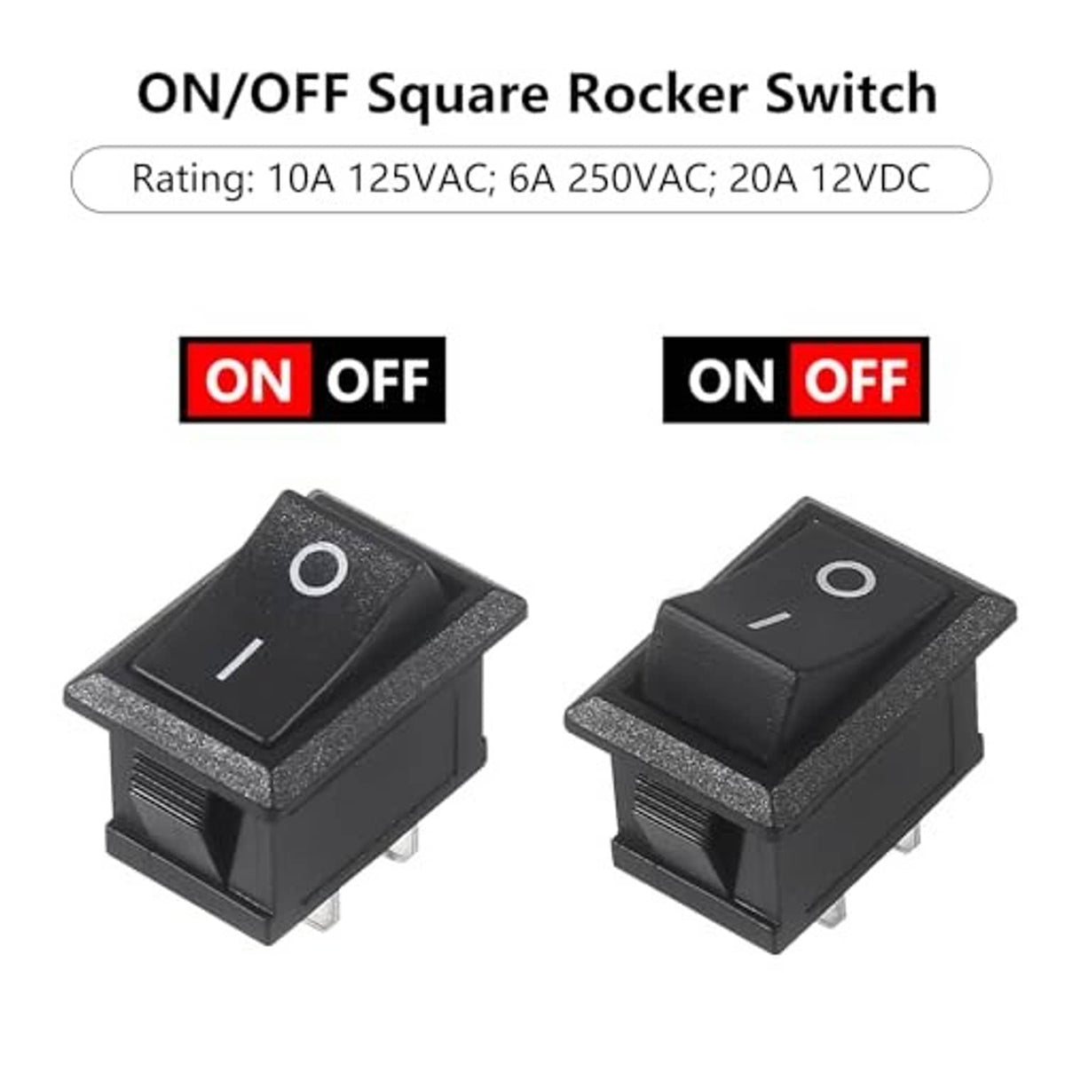 Black ON/OFF square rocker switch with white markings, snap-in 2-pin design