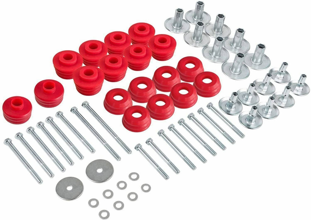 Complete body mount bushing kit with red bushings, chrome bolts, and small washers