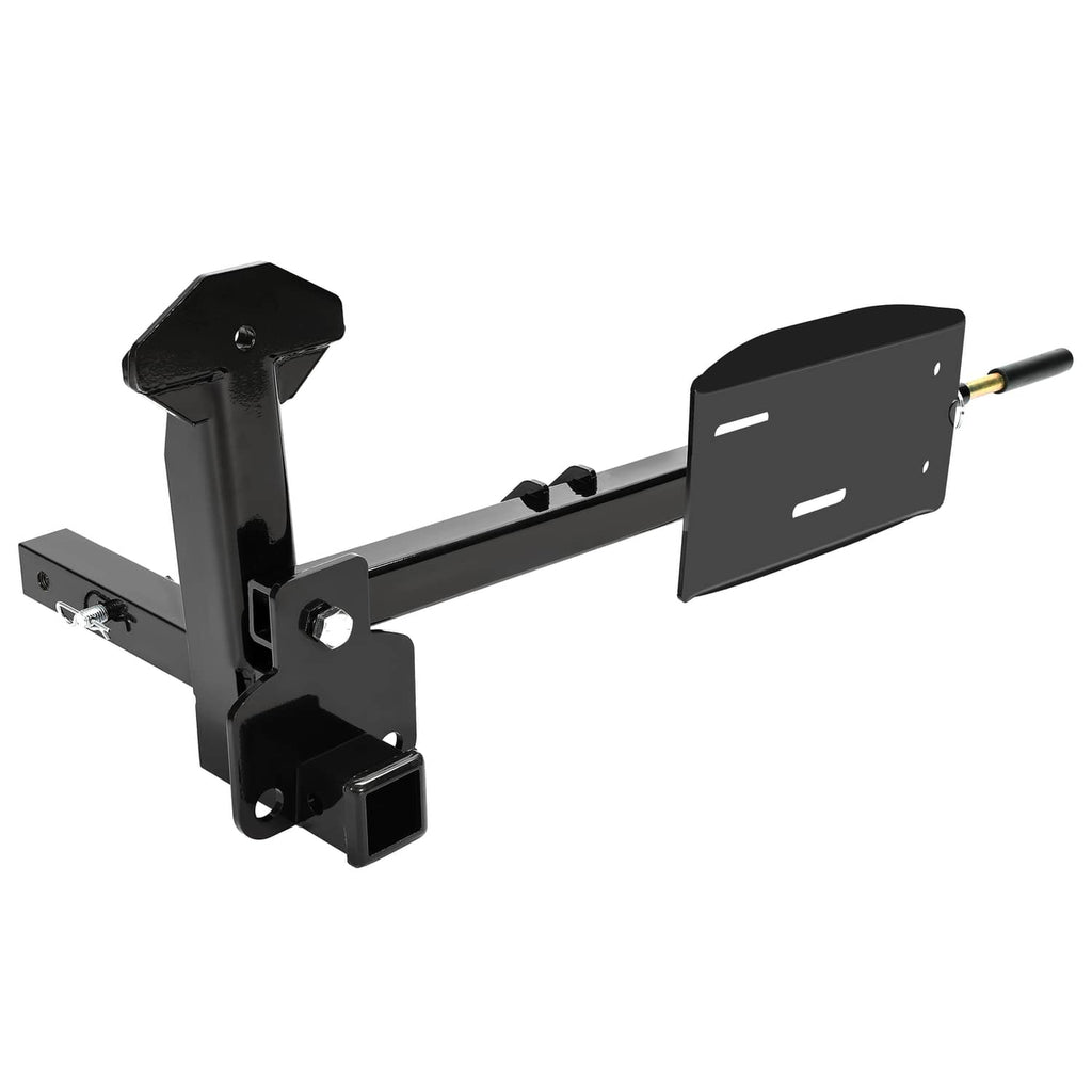 Angled view of black RV spare tire carrier with hitch-style mounting frame