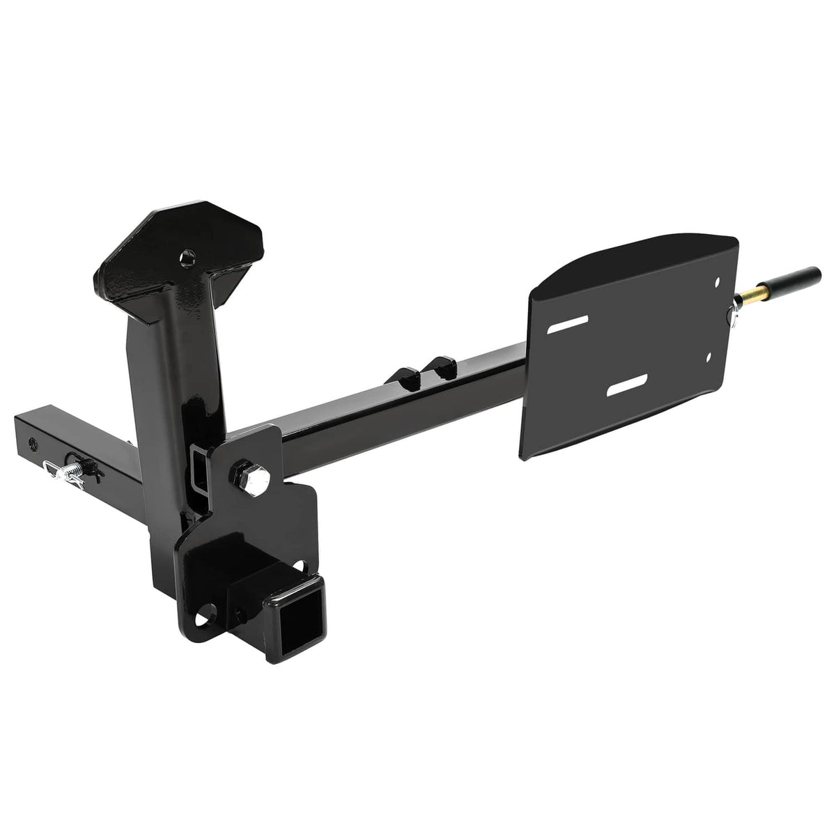 Angled view of black RV spare tire carrier with hitch-style mounting frame