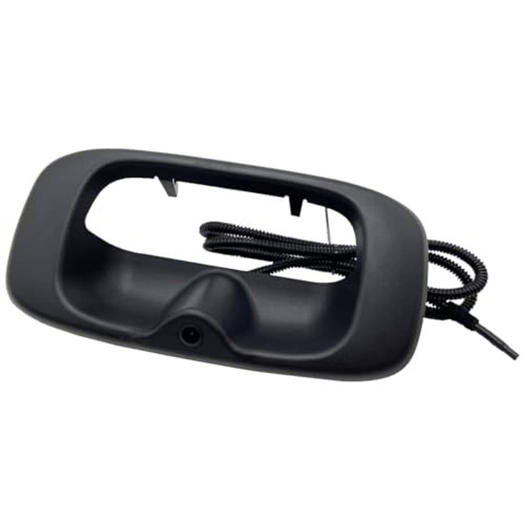 Rear view camera tailgate handle bezel with built-in lens and black cable