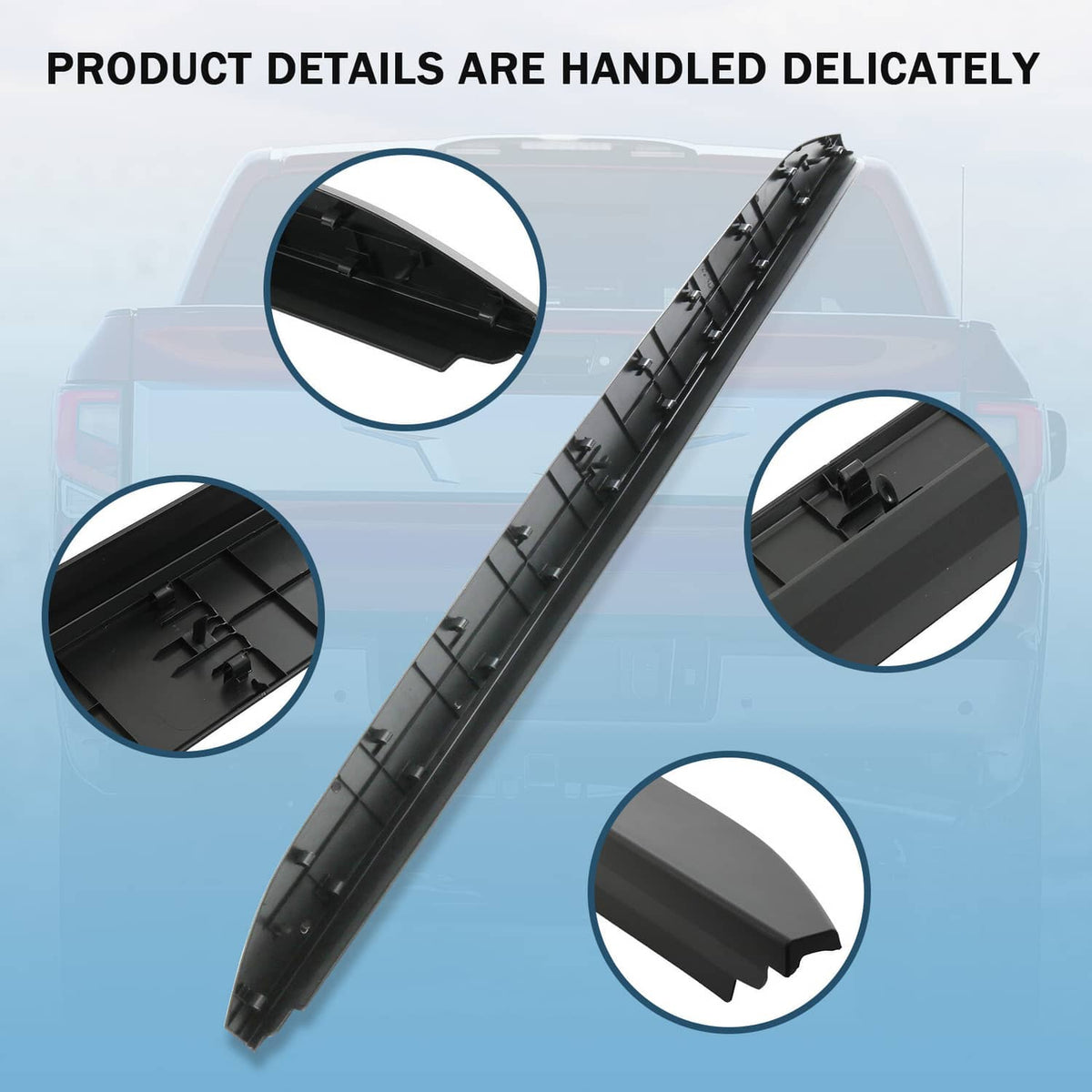Black tailgate bed cap molding detail, textured surface and mounting clip sections