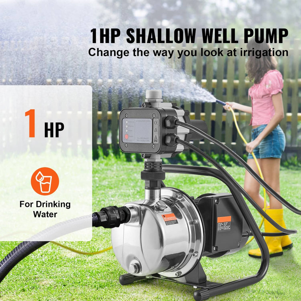 Portable shallow well jet pump with auto controller and black hoses for irrigation use.