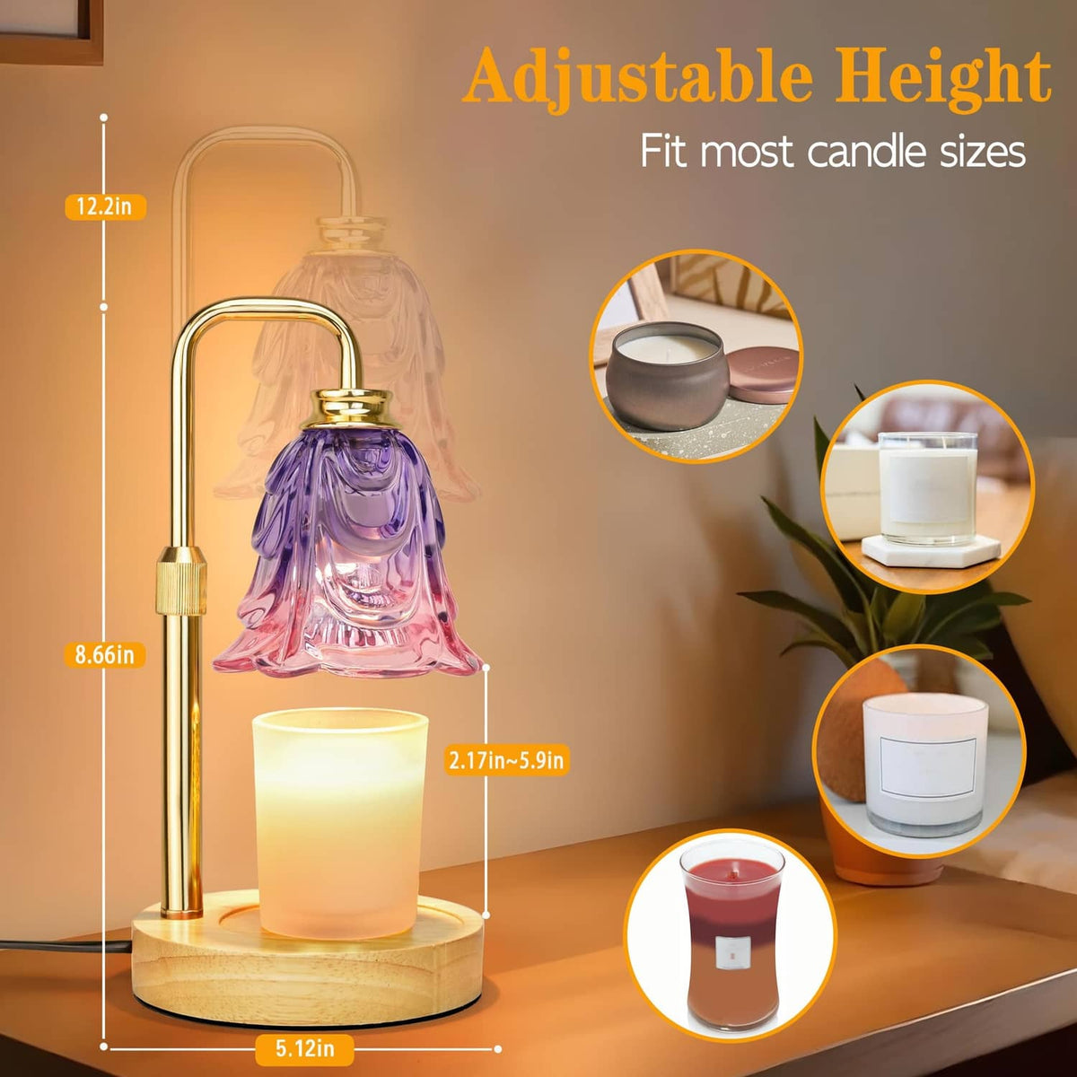 Adjustable-height candle warmer lamp with lavender flower glass shade and wooden base