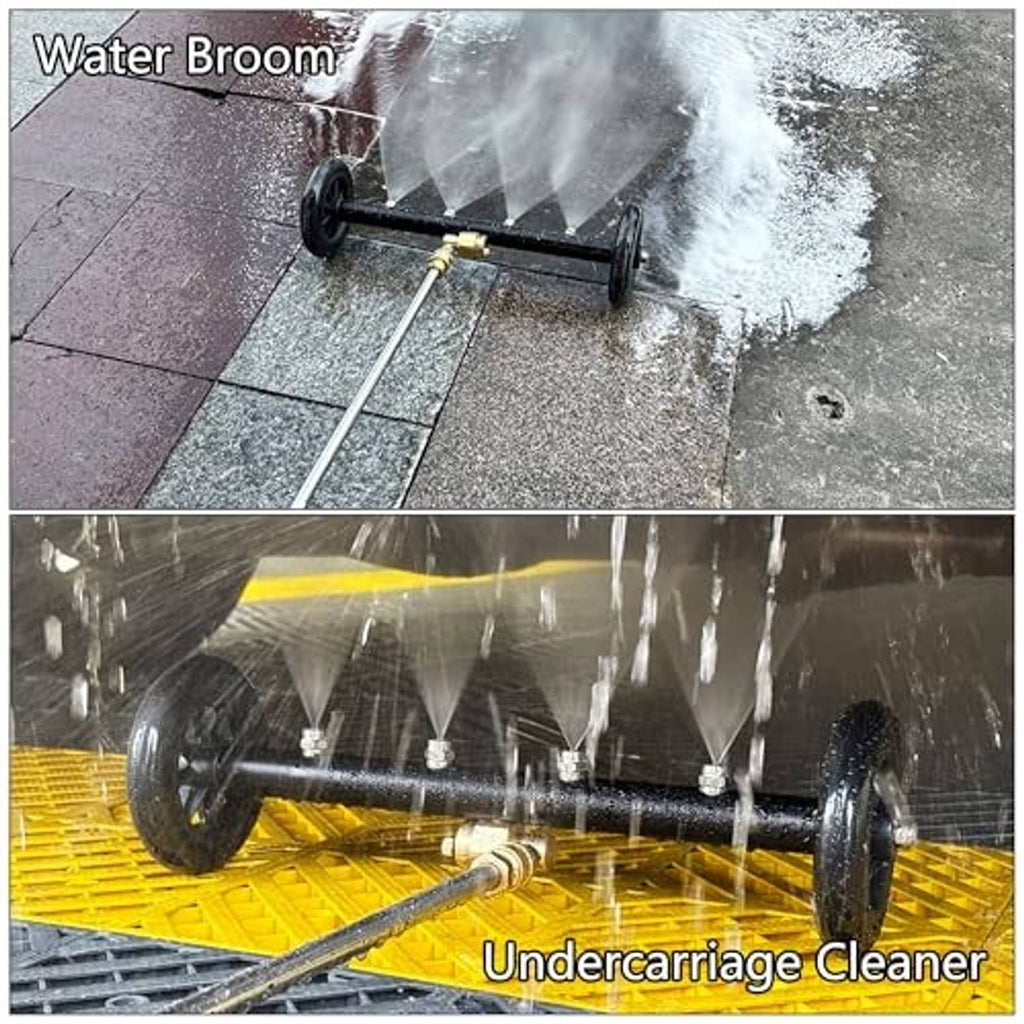 Water broom attachment with black cylindrical brush and high-pressure water spray