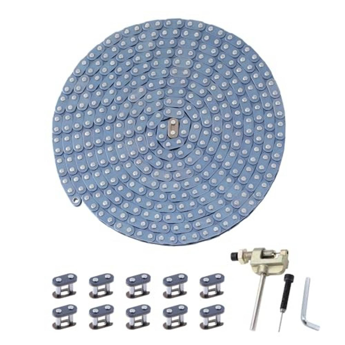 Blue roller drive chain coil with chain breaker tool and extra links