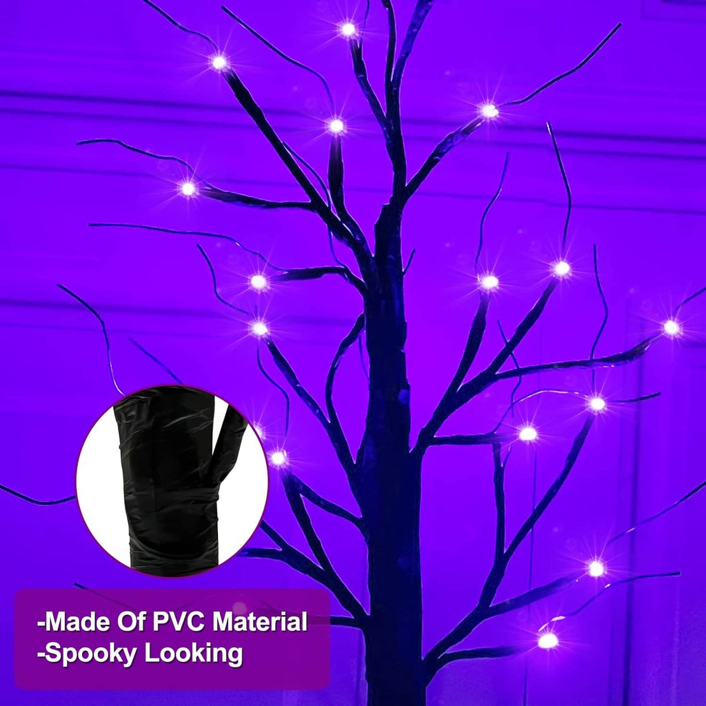 Black birch-style lighted tabletop tree with glowing purple LED bulbs on thin branches