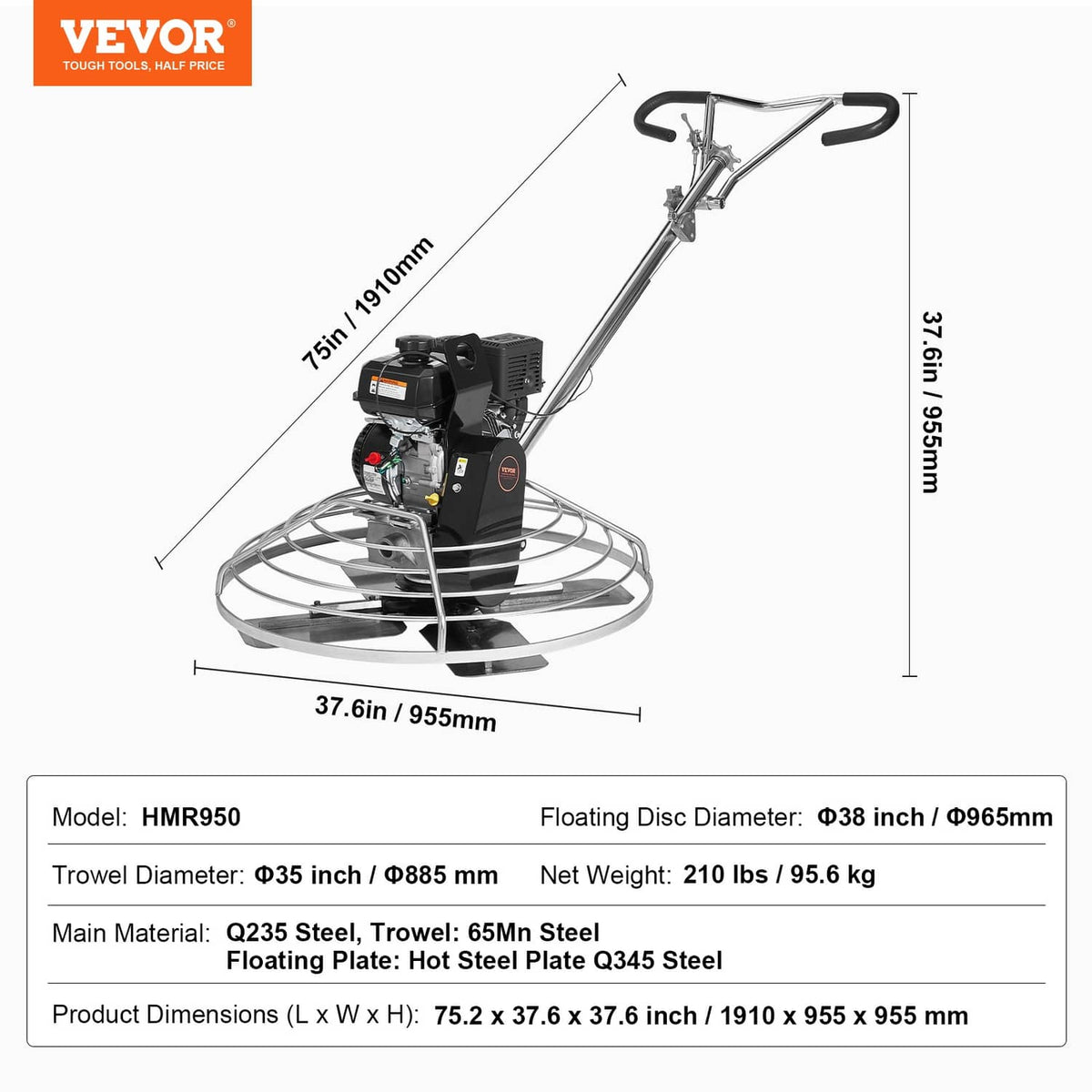 Walk-behind cement power trowel with wide circular float pan and front handle