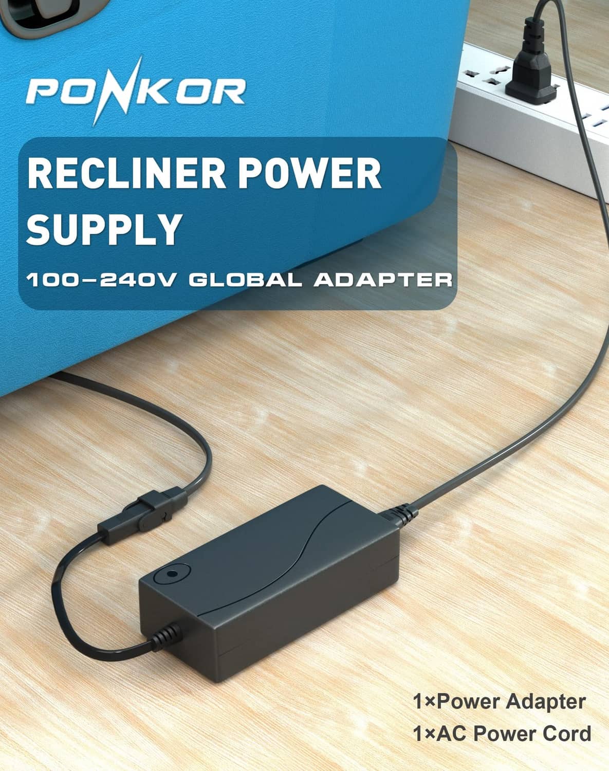 Black recliner power supply adapter with power cord and two-prong AC plug