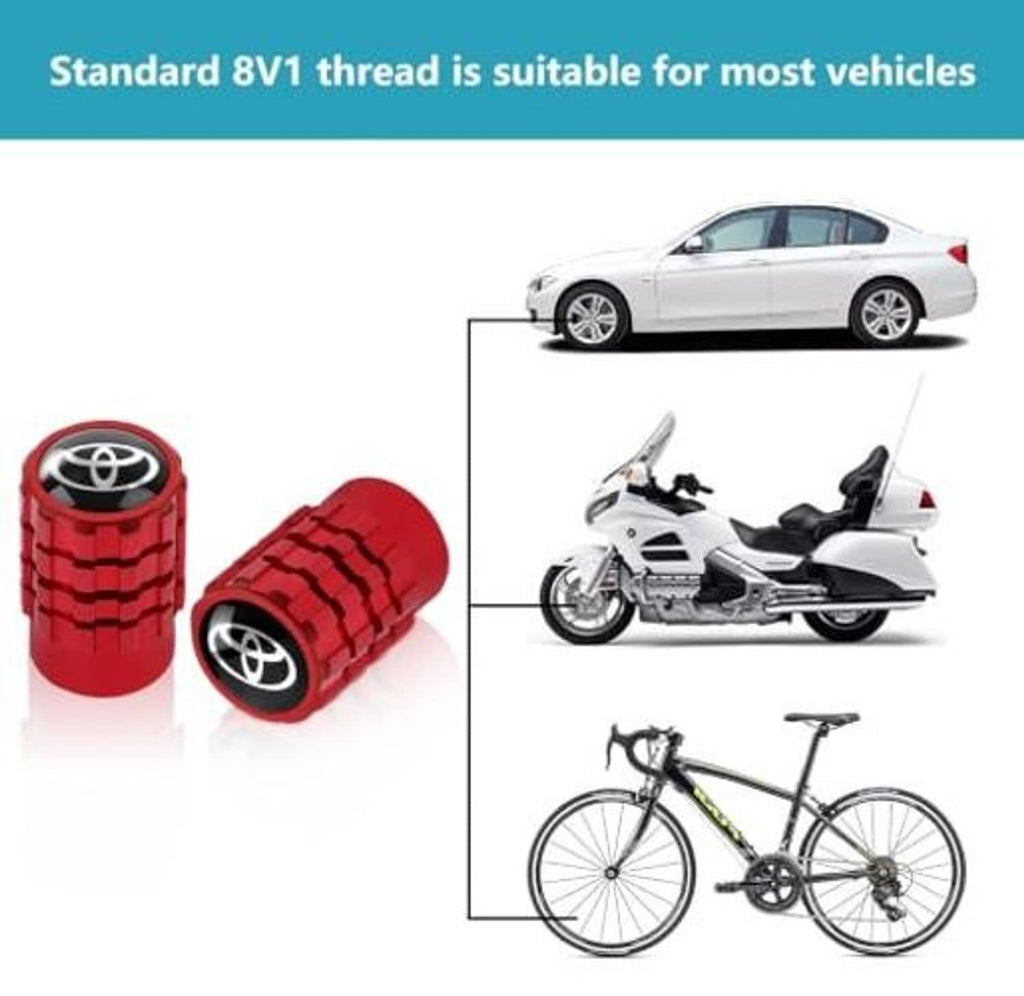 Pair of red tire valve stem caps with Toyota logo and ridged grip