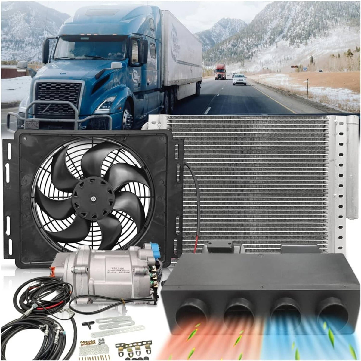 12V underdash car A/C condenser and cooling fan with integrated compressor module